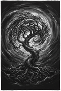 Symbolic Storm swirling tree abstract art print — dramatic twisting branches in stormy charcoal and electric white